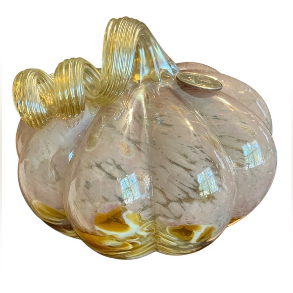 Blown Glass Pumpkin - Pink, Amber, White 7” x 5” x 7” - Picture 3 of 5